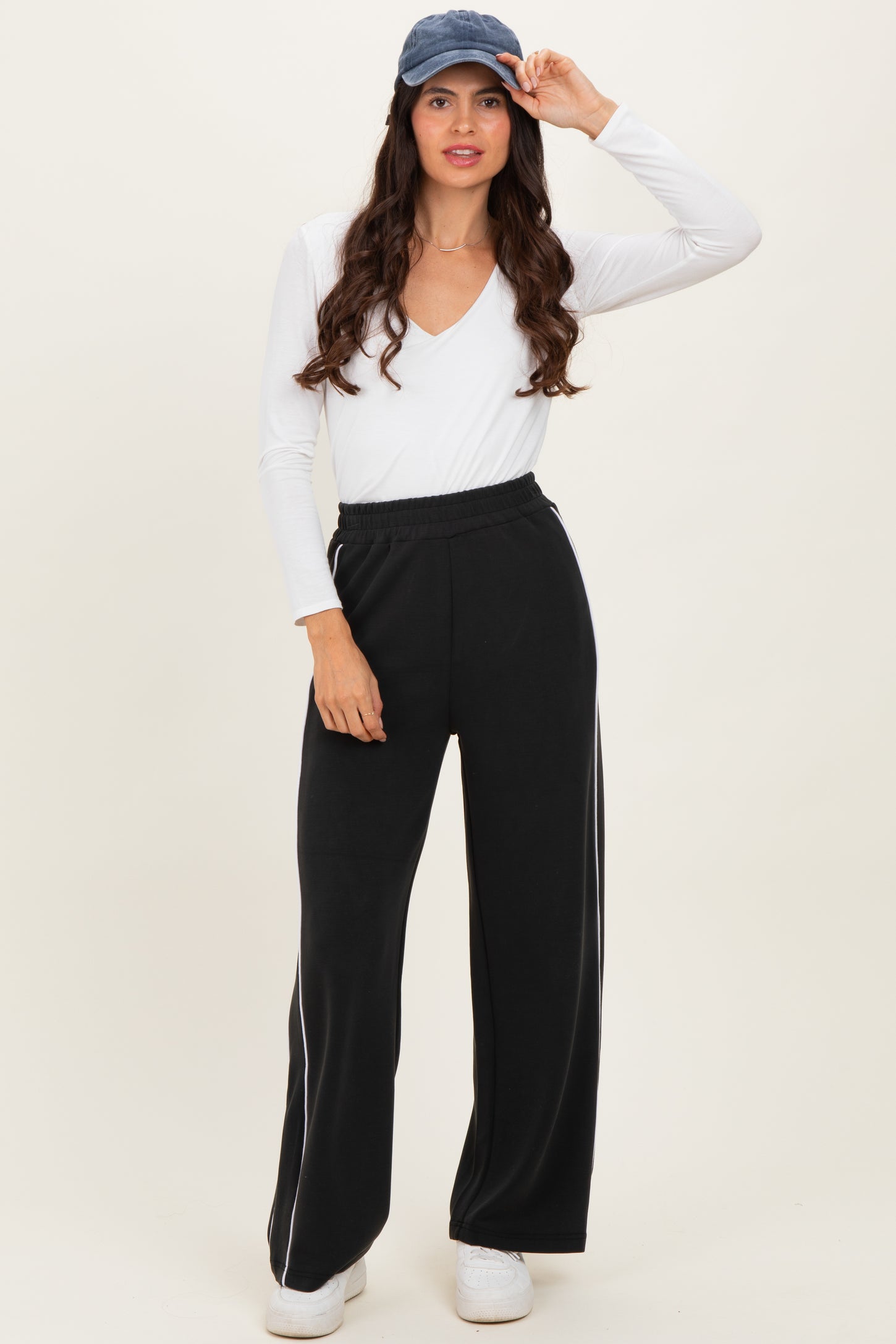 Black Striped Wide Leg Track Pants