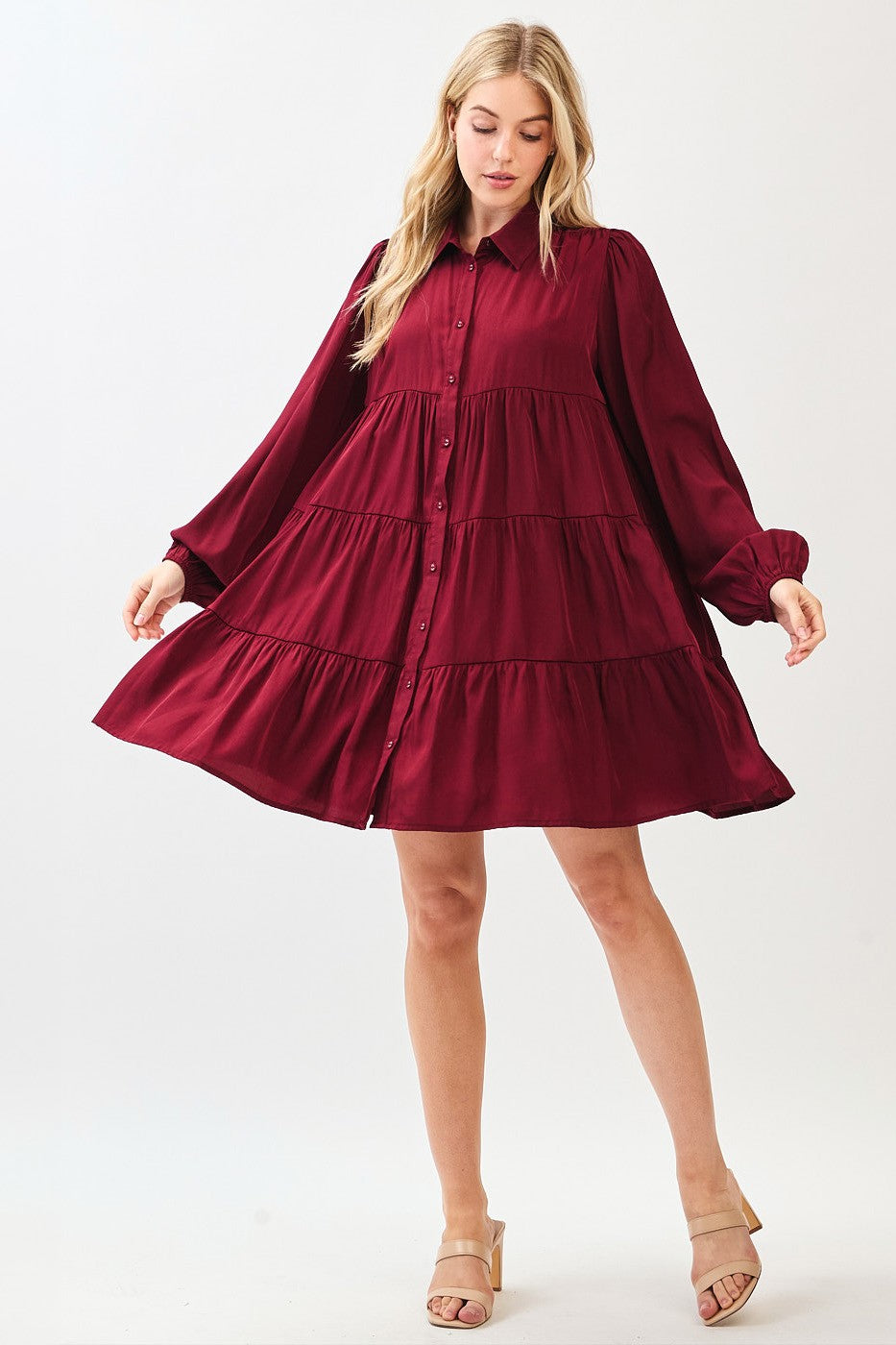 Burgundy Balloon Sleeve Tiered Shirt Dress