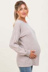 Beige Puff Sleeve Solid Ribbed Maternity Top
