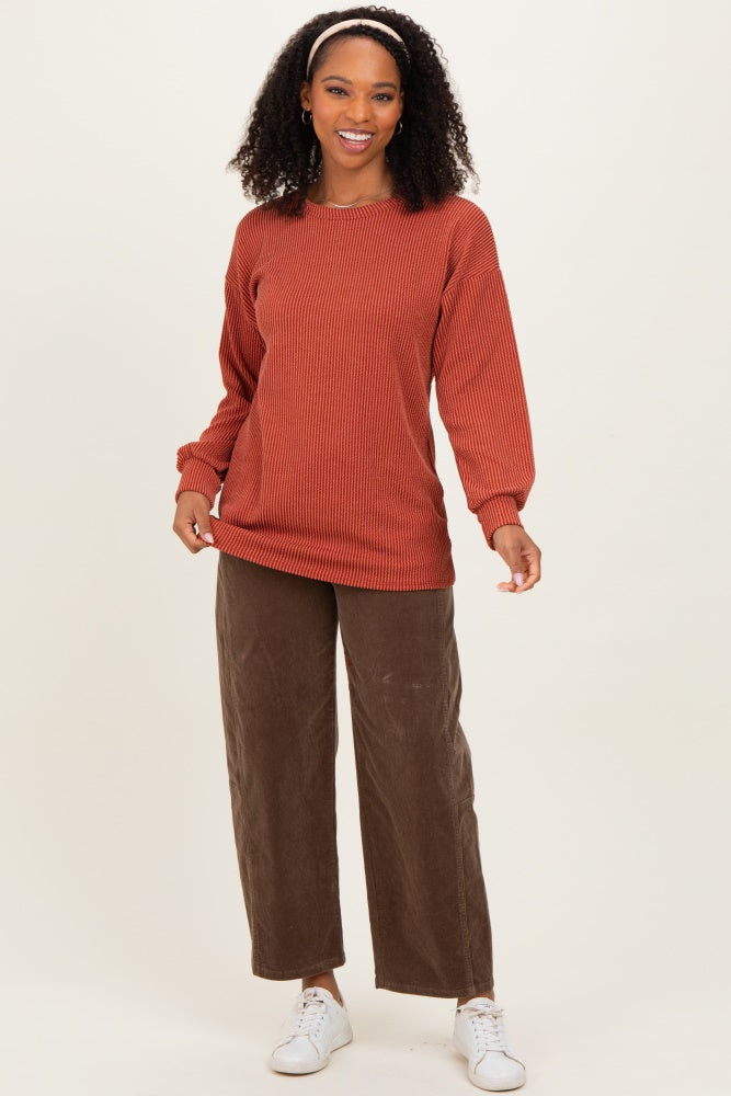Rust Puff Sleeve Solid Ribbed Top