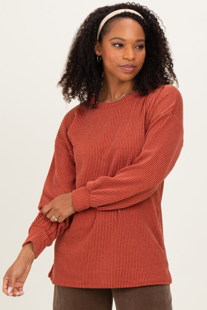 Rust Puff Sleeve Solid Ribbed Top