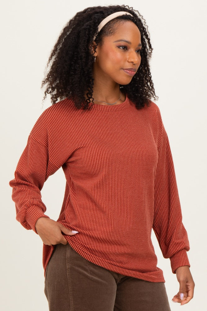 Rust Puff Sleeve Solid Ribbed Top
