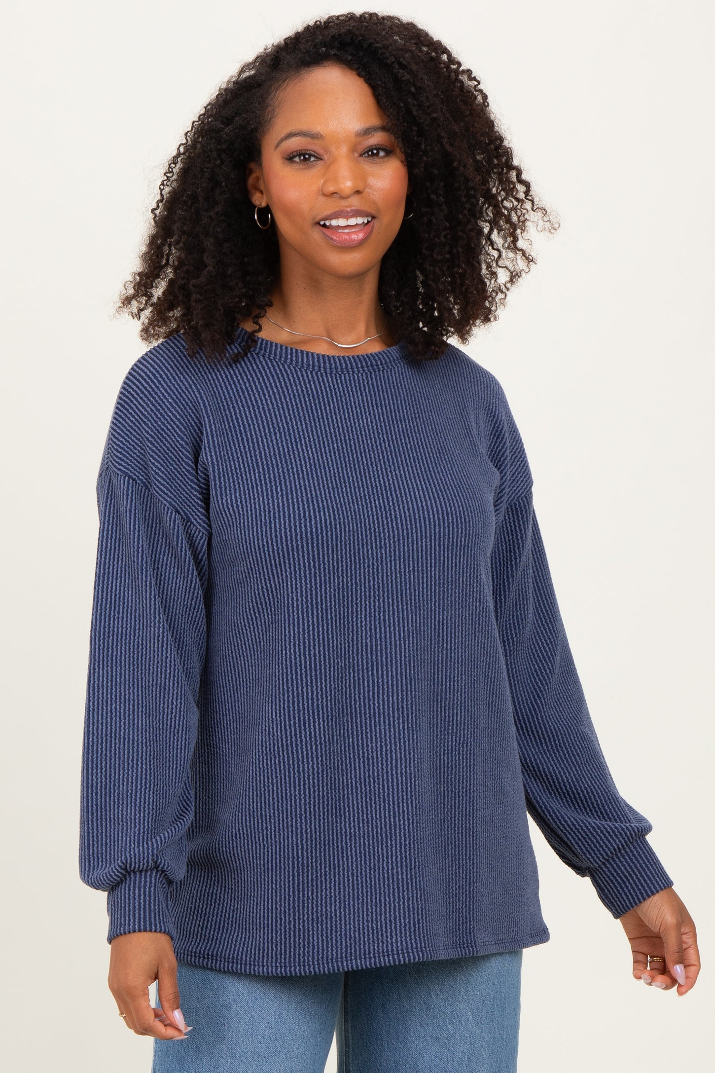 Navy Puff Sleeve Solid Ribbed Maternity Top