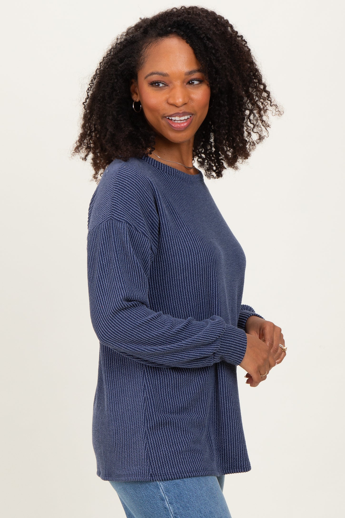 Navy Puff Sleeve Solid Ribbed Top