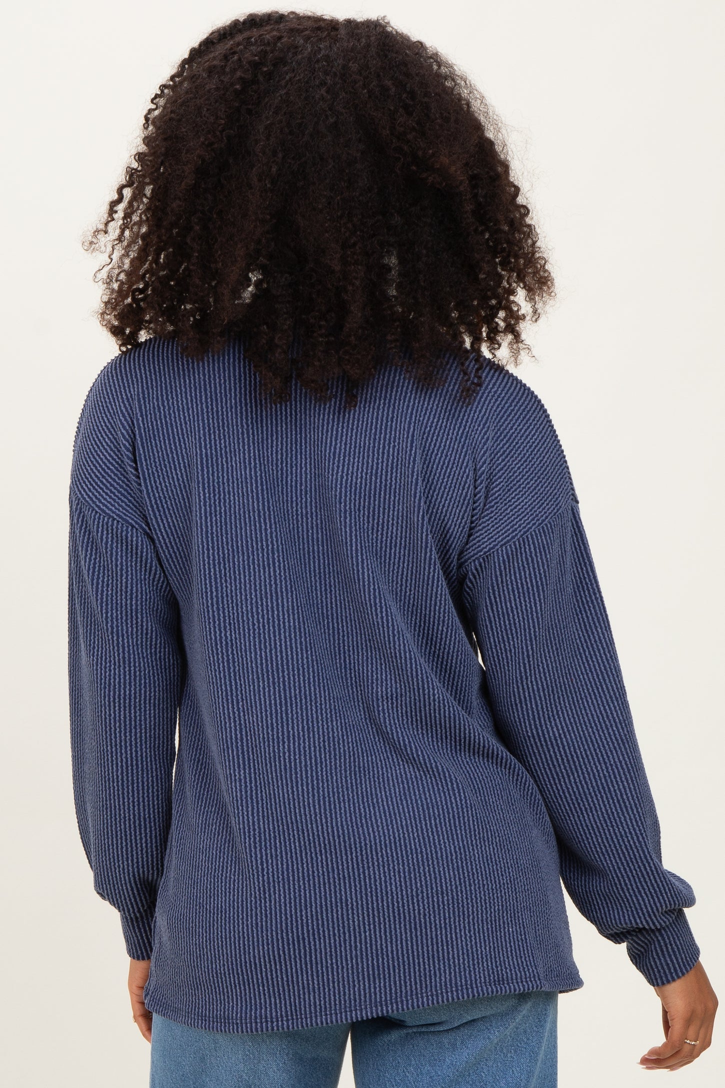 Navy Puff Sleeve Solid Ribbed Top