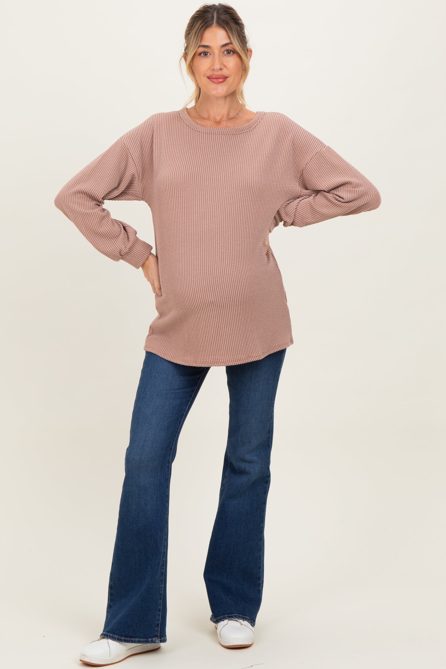 Taupe Puff Sleeve Solid Ribbed Maternity Top