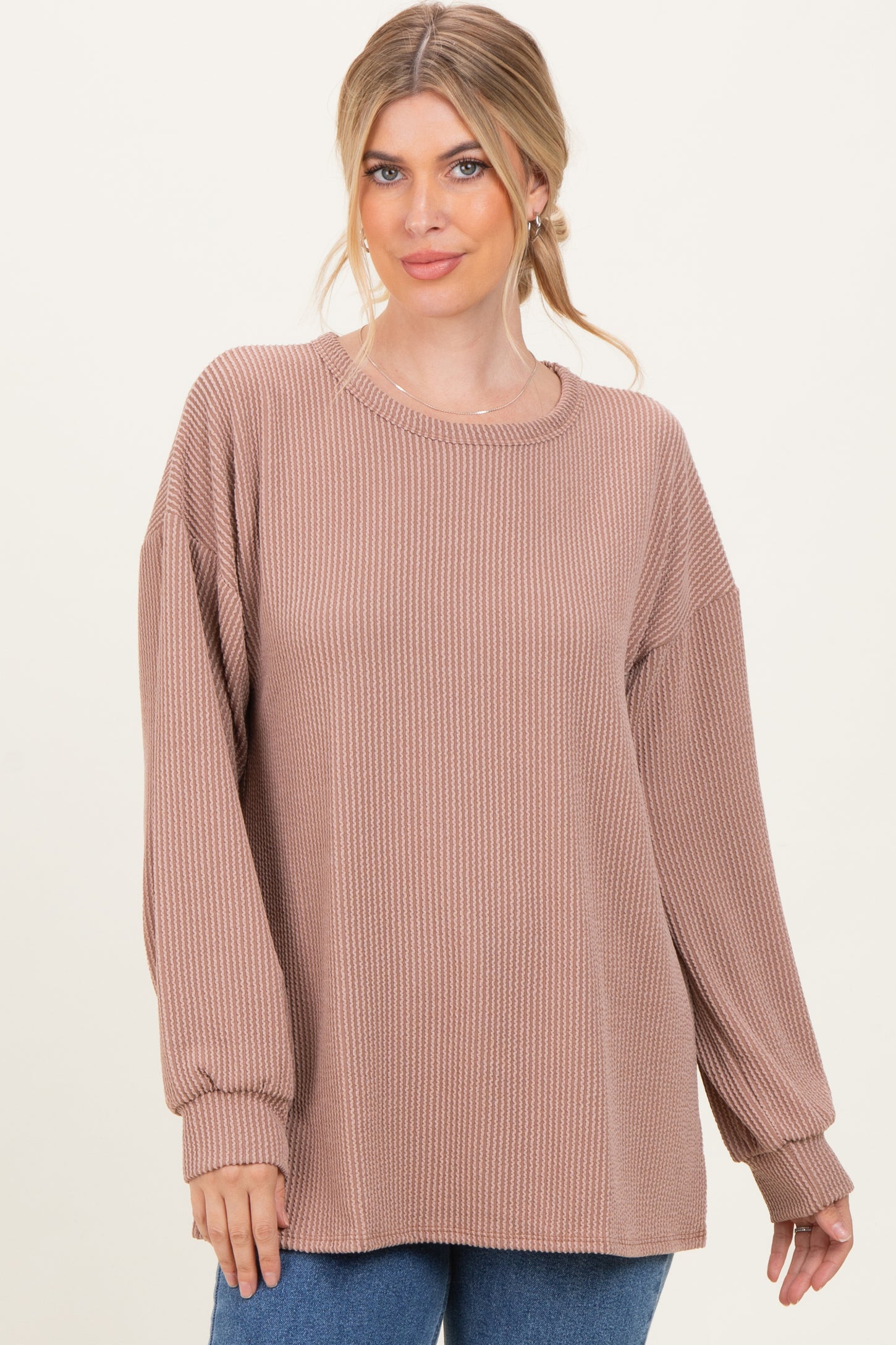 Taupe Puff Sleeve Solid Ribbed Top