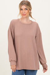 Taupe Puff Sleeve Solid Ribbed Maternity Top