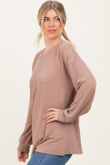 Taupe Puff Sleeve Solid Ribbed Top