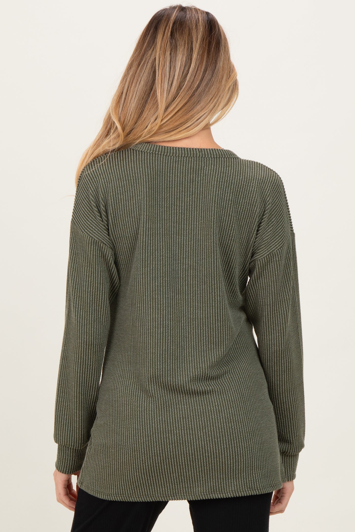 Olive Puff Sleeve Solid Ribbed Maternity Top