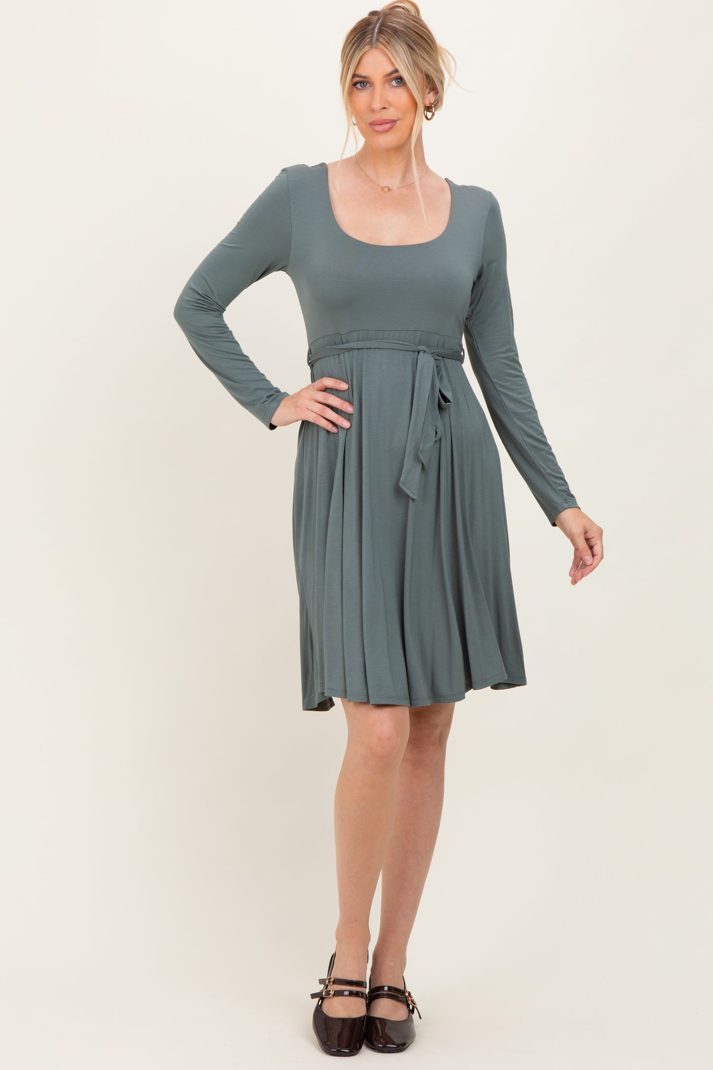 Olive Scoop Neck Long Sleeve Waist Tie Dress