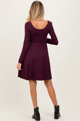 Plum Scoop Neck Long Sleeve Waist Tie Maternity Dress