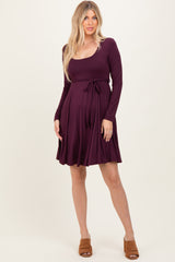 Plum Scoop Neck Long Sleeve Waist Tie Maternity Dress