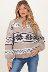 Brown Fair Isle Print Zip Up Maternity Sweater Jacket