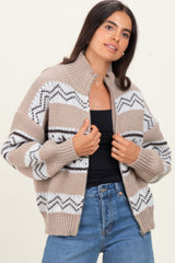 Brown Fair Isle Print Zip Up Maternity Sweater Jacket