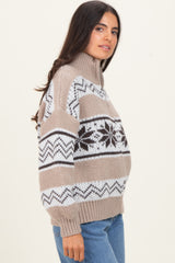 Brown Fair Isle Print Zip Up Sweater Jacket