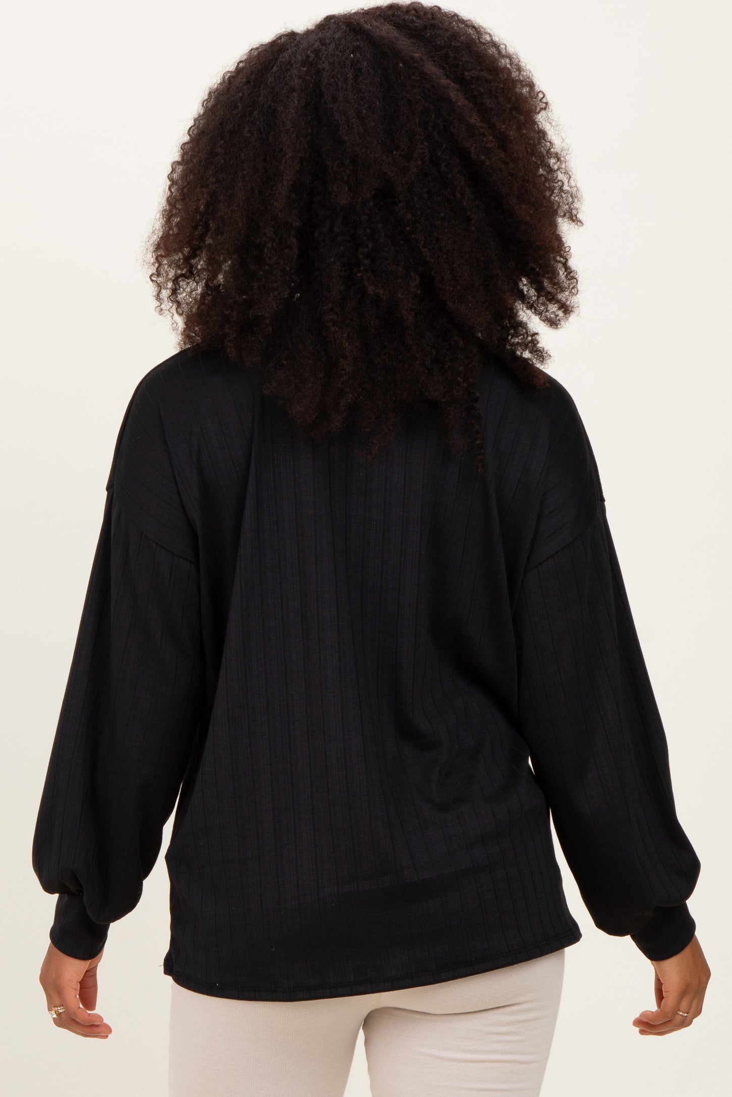 Black Ribbed Knit Bubble Sleeve Pullover Top