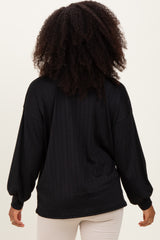 Black Ribbed Knit Bubble Sleeve Pullover Top