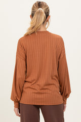 Camel Ribbed Knit Bubble Sleeve Maternity Pullover Top