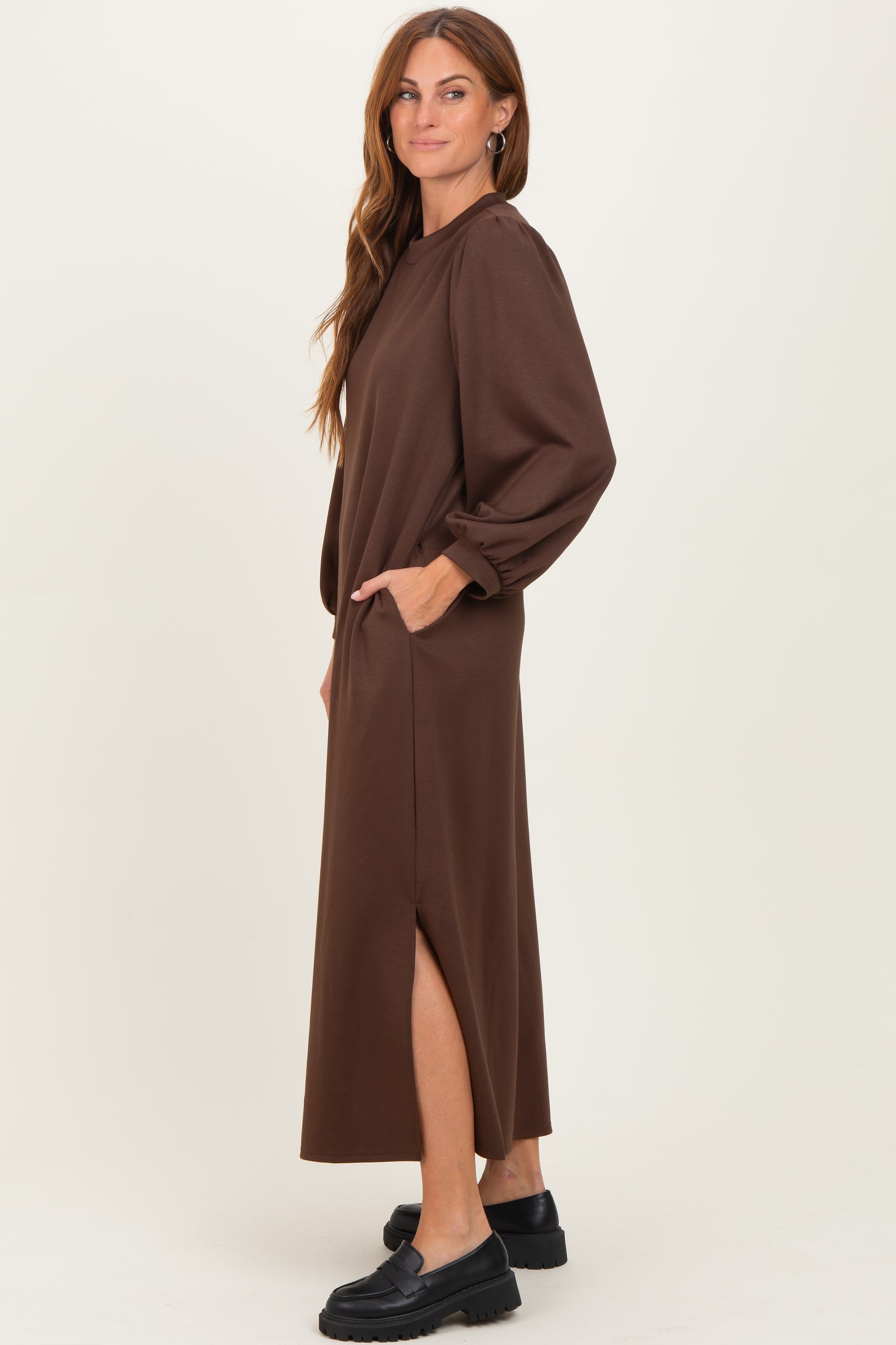Brown Side Slit Detail Solid Midi Dress