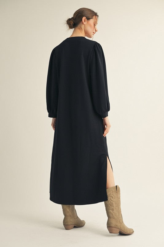 Black Side Slit Detail Solid Midi Dress