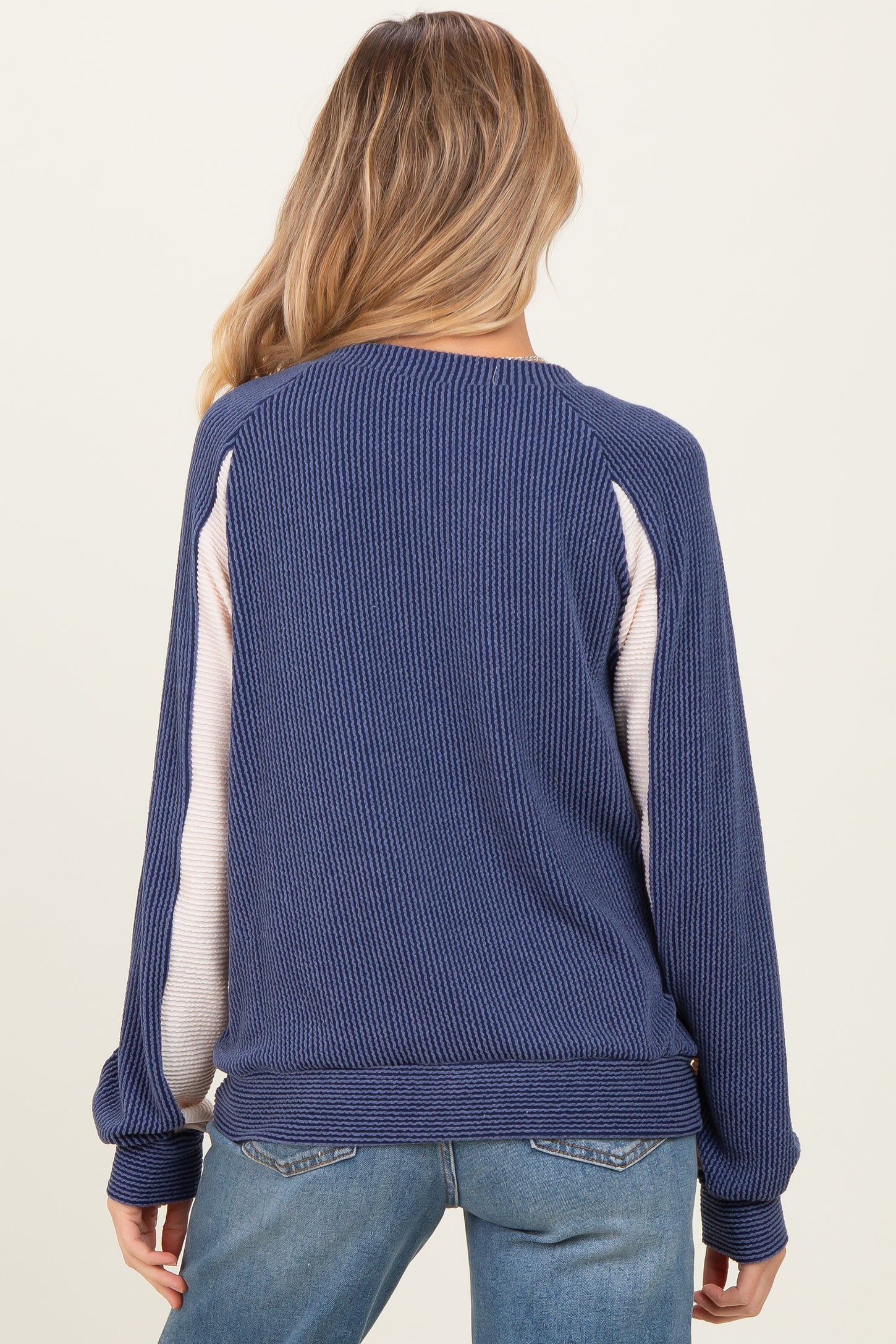 Navy Textured Rib Colorblock Maternity Pullover