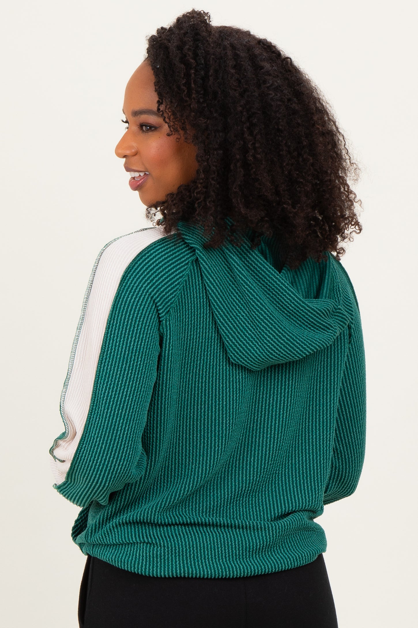 Forest Green Textured Rib Colorblock Hoodie
