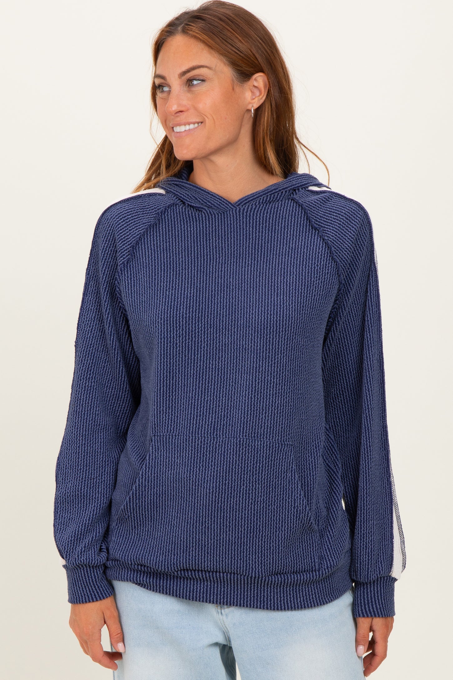 Navy Textured Rib Colorblock Hoodie