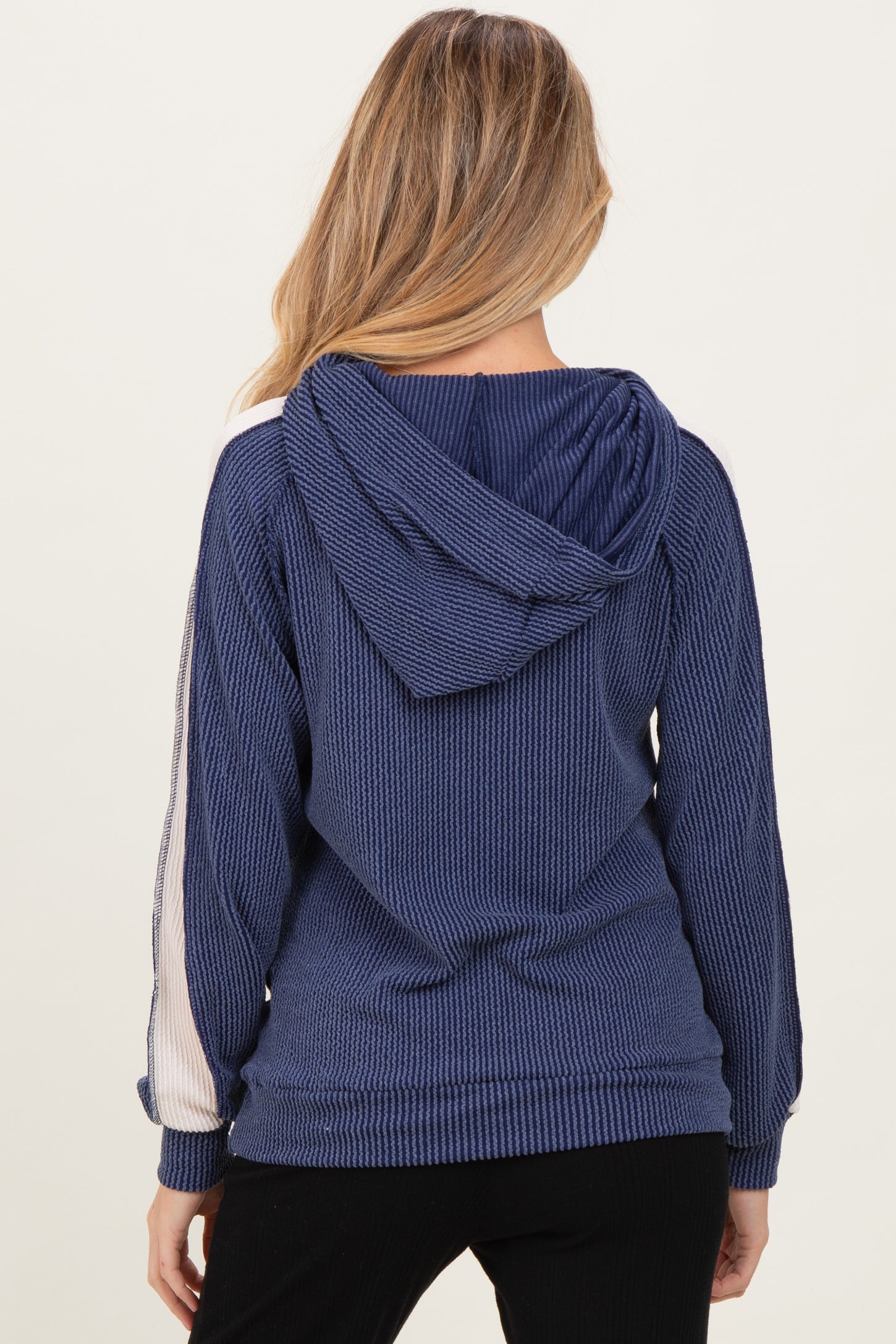 Navy Textured Rib Colorblock Maternity Hoodie