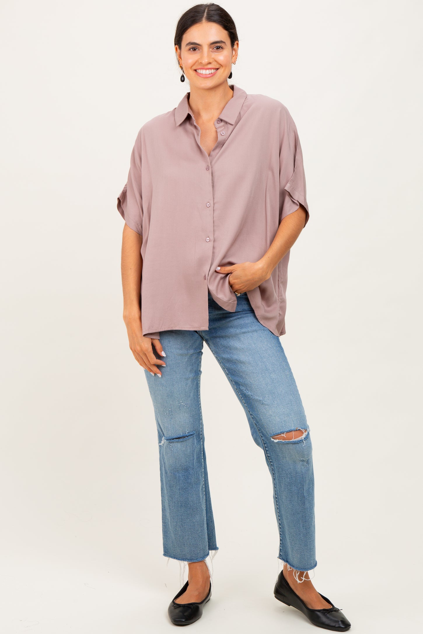 Taupe Dolman Sleeve Button Down Blouse