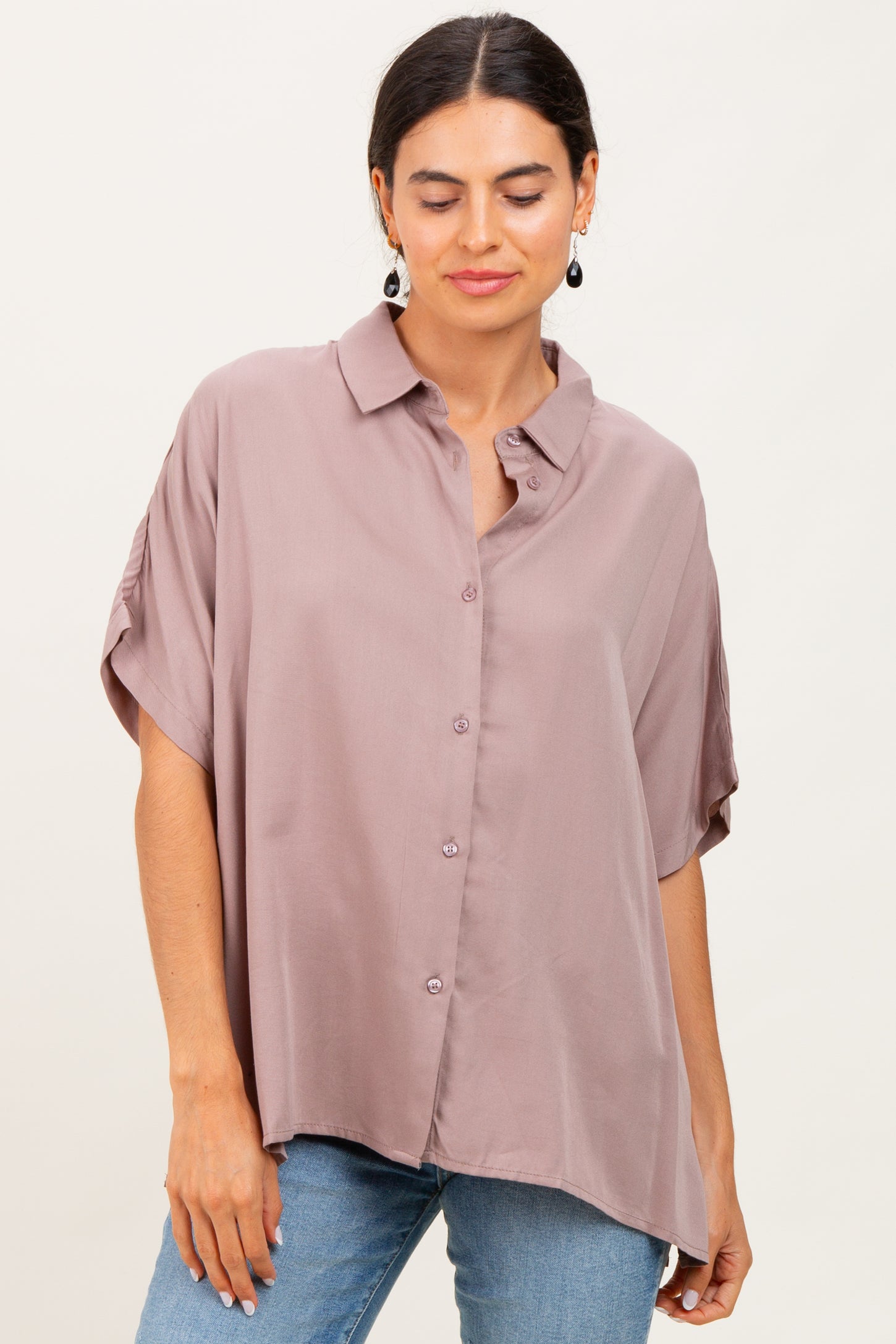 Taupe Dolman Sleeve Button Down Blouse