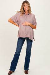 Taupe Dolman Sleeve Button Down Maternity Blouse