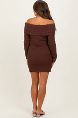 Brown Off The Shoulder Knit Sweater Maternity Mini Dress