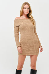 Mocha Off The Shoulder Knit Sweater Mini Dress