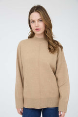Camel Front Seam Mock Neck Maternity Sweater