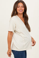 Cream Raw Edge V-Neck Short Sleeve Maternity T-Shirt