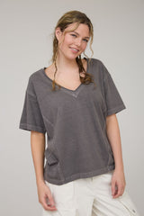 Charcoal Raw Edge V-Neck Short Sleeve Maternity T-Shirt