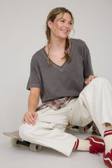 Charcoal Raw Edge V-Neck Short Sleeve T-Shirt