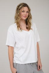 White Raw Edge V-Neck Short Sleeve T-Shirt
