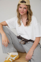 White Raw Edge V-Neck Short Sleeve T-Shirt