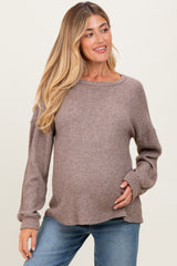 Mocha Puff Sleeve Solid Maternity Sweater Top