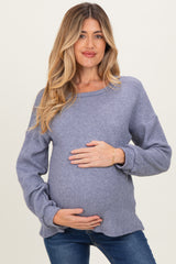 Denim Blue Puff Sleeve Solid Maternity Sweater Top
