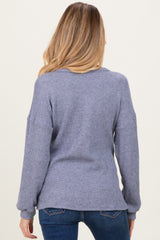 Denim Blue Puff Sleeve Solid Maternity Sweater Top