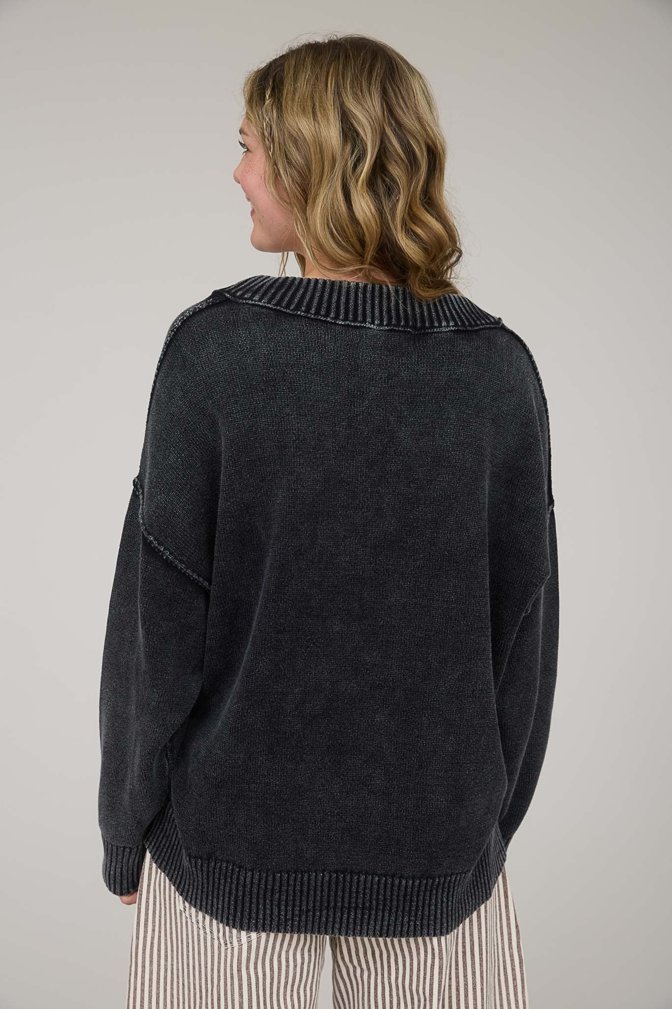 Black Vintage Wash Oversized V-Neck Sweater