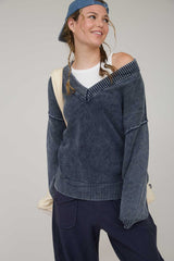 Navy Vintage Wash Oversized V-Neck Sweater