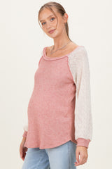 Mauve Puff Sleeve Solid Color Block Maternity Top