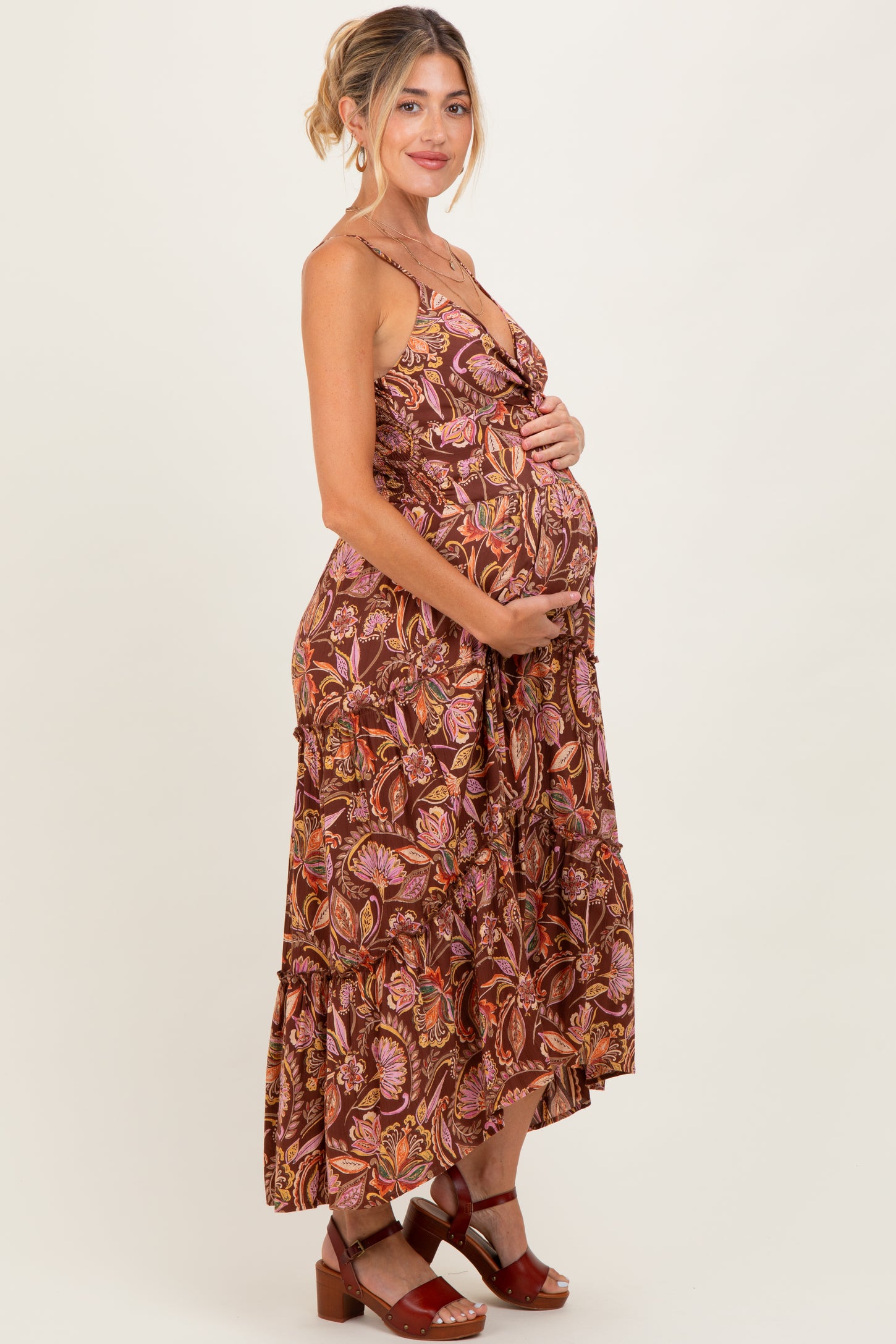 Brown V Neck Front Twist Hi Lo Maternity Maxi Dress