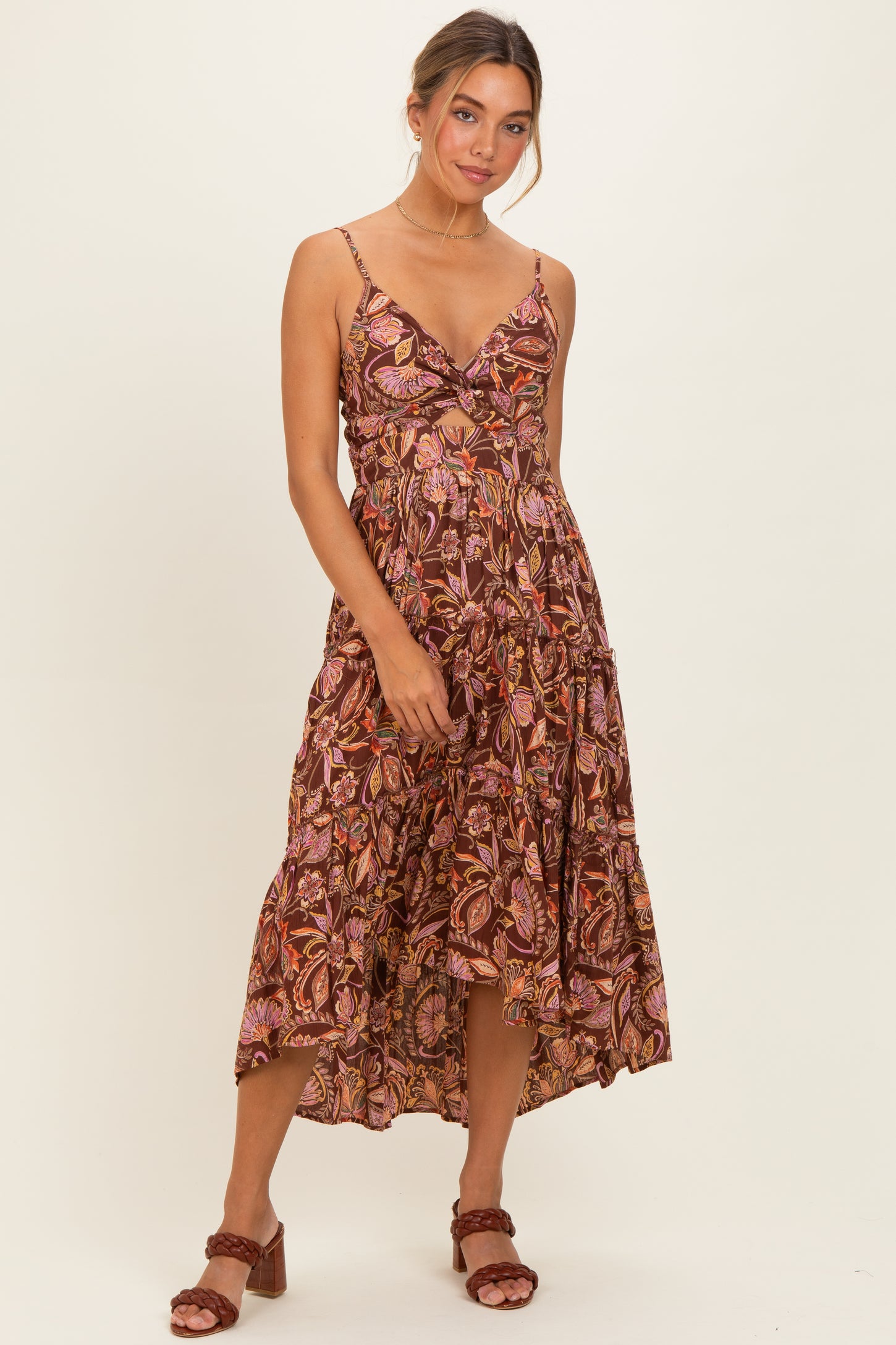 Brown V Neck Front Twist Hi Lo Maternity Maxi Dress