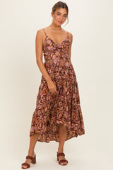 Brown V Neck Front Twist Hi Lo Maternity Maxi Dress
