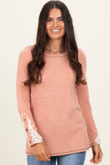 Peach Textured Rib Crochet Lace Detail Long Sleeve Top
